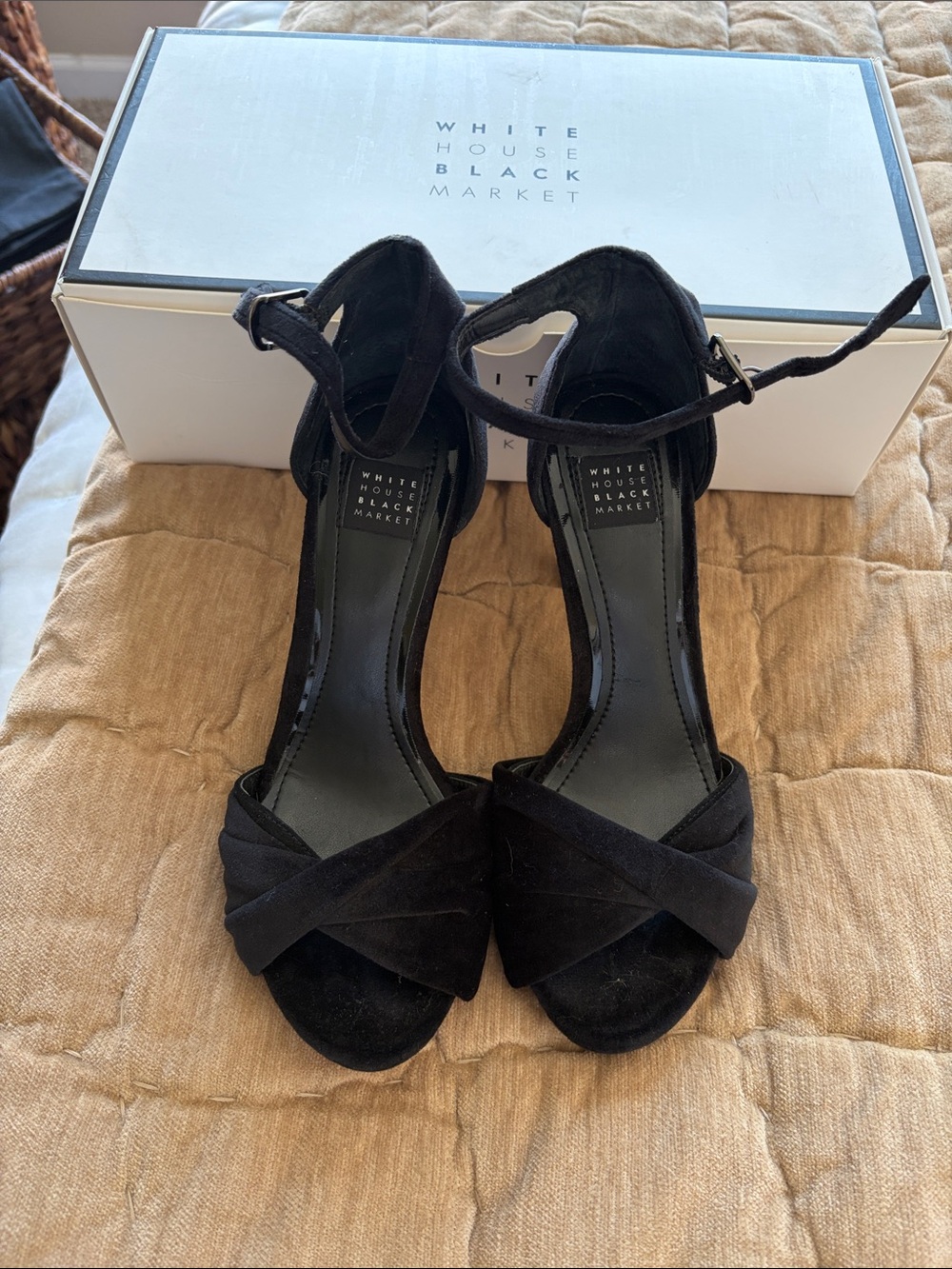White House Black Market Black Suede Crisscross Ankle-Strap Heels